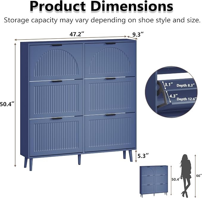 BORNOON Shoe Cabinet for Entryway with 6 Flip Drawers, Slim Wooden Shoe Storage Organizer with Modern Fluted Pannel，Freestanding Narrow Hidden Shoe Rack for Hallway, Foyer, Living Room