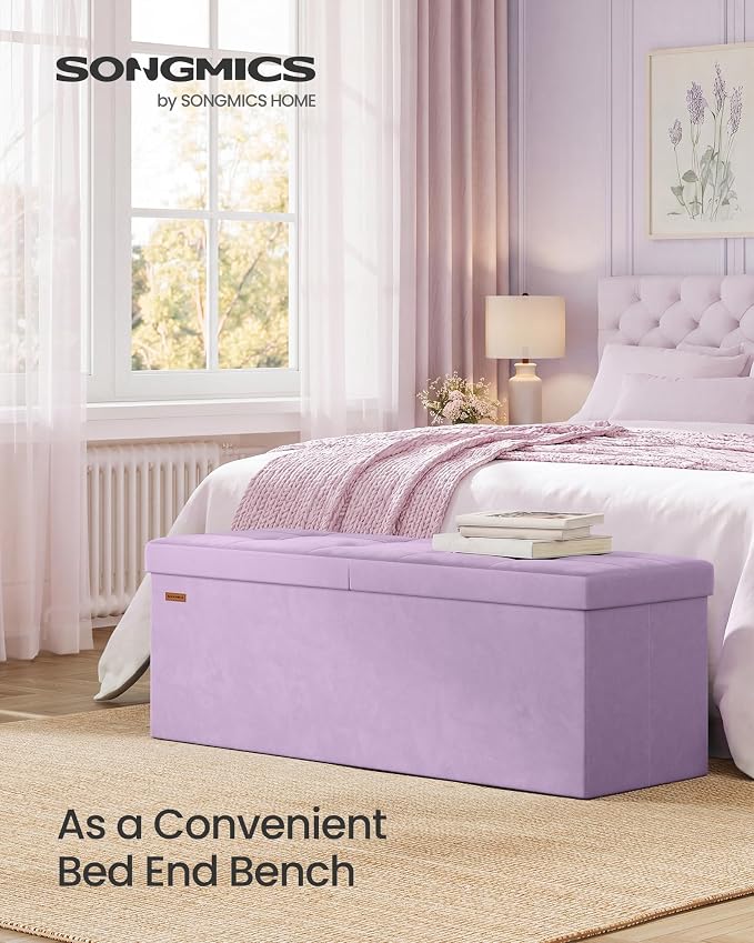 SONGMICS Velvet Storage Ottoman, Folding Storage Bench for Bedroom, Toy Chest, Ottoman Coffee Table, 15 x 43.3 x 15 Inch, Hibiscus Purple, Entryway Shoe Bench, MINOTA Collection ULSF078PE01