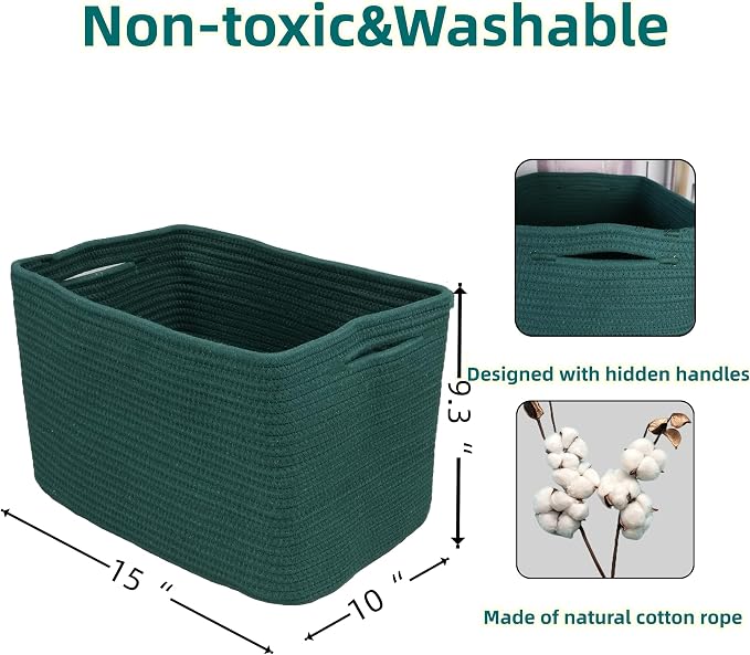 XUANGUO Woven Cotton Rope Storage Baskets 15x10x9.3" 3 Pack Dark Green | Decorative rectangular storage baskets for shelves and closets; storage bins organize clothes, toys, books and nursery items.