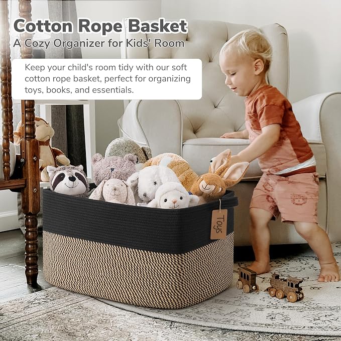 Goodpick Extra Large Wicker Storage Basket with Handles, Black & Jute | 75L, 22 × 17 × 12 in, Rectangle, Blankets, Pillows, Toys & Clothes Storage, Home Decor, Living Room & Nursery Organization