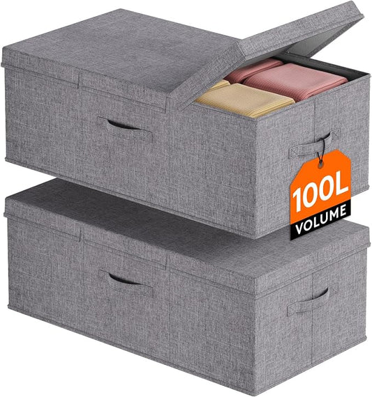 Lifewit 100L Under Bed Storage Containers, 11.8 Inch Tall Underbed Clothes Storage Organizer Bin with Sturdy Sidewalls, Bottom, 3 Lids, Deep Storage Drawer for Clothes, Shoes, Blankets, Pillows 2 Pack