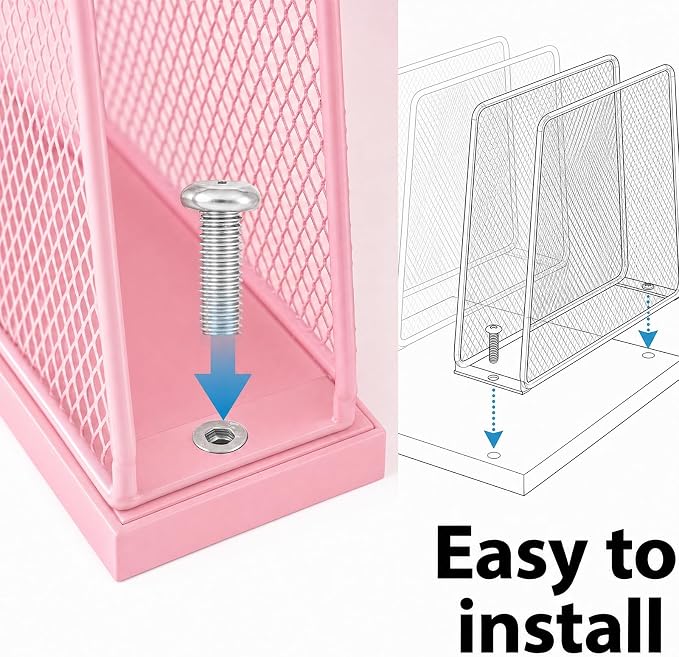 5-Section Vertical File Organizer for Desk, Sturdy Wood Base & Metal Mesh Desktop File Holder, Upright Paper Folder Sorter for Office Supplies（Pink）