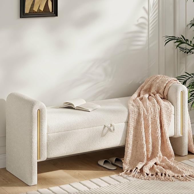 Storage Ottoman Bench, End of Bed Bench with Pull-Ring | 52" Teddy Upholstered, Window Bench with Armrest, Generous Storage, Safety Hinge, Holds 300 LBS, for Bedroom, Cream