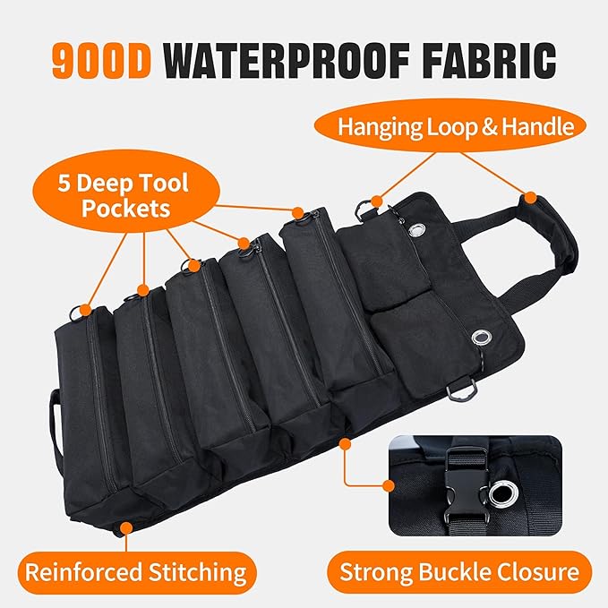 Portable Foldable Roll Up Tool Bag, Heavy Duty Tool Organizer Bag with 5 Compartments & 2 Detachable Pouches for Tools Storage, Waterproof Tool Roll Bag for Dad Men Electrician Mechanic Gifts