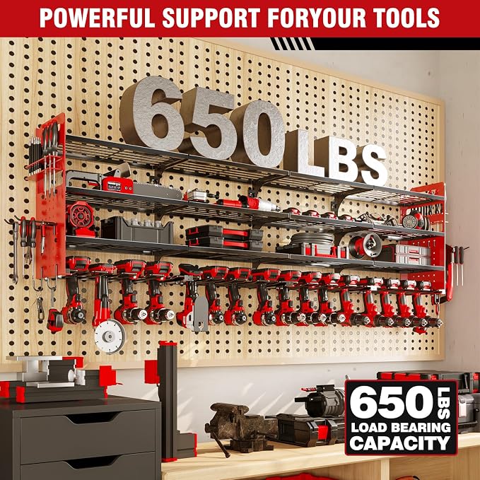 Large Power Tool Organizer Wall Mount, 16 Drill Holders Storage Rack, Red | 4-Tier Heavy-duty Wall Rack Holds 16 Cordless Drills, Saving Valuable Garage and Workshop Space