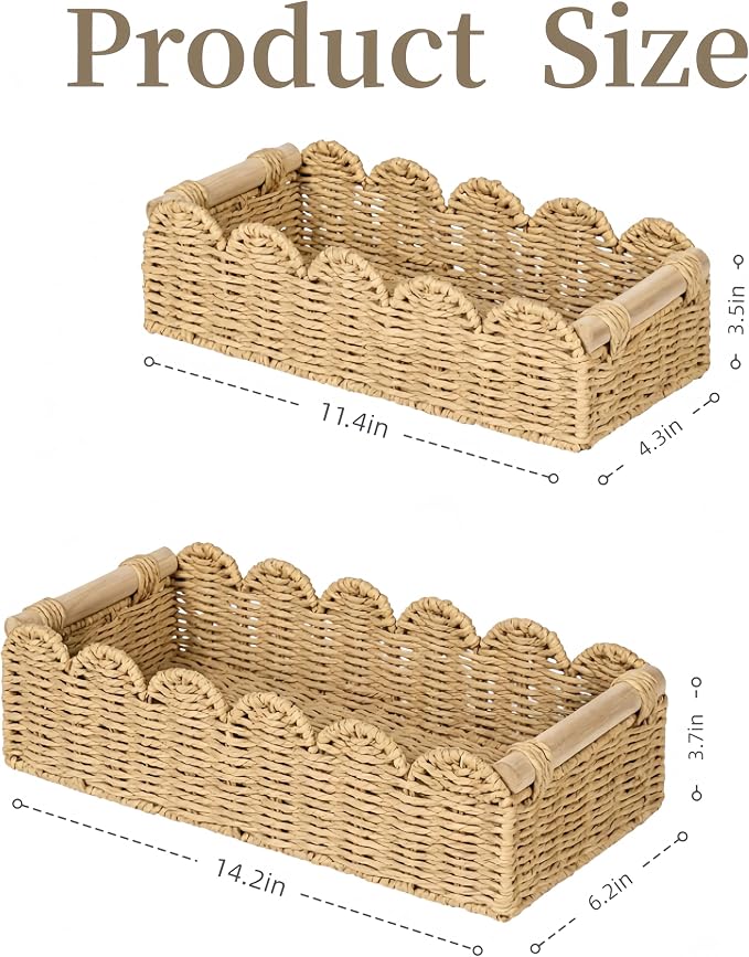 Handwoven Paper Rope Storage Basket, Scalloped Edge Decorative Organizer with Wooden Handles, Multifunctional basket for Bathroom Toilet Paper, Bedroom,End Table, Shelf and More Decoration (M)