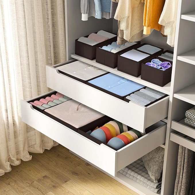 DIMJ Drawer Organizer Clothes, 12 Pack Underwear Organizer, Foldable Closet Organizers, Sock Organizer Bra Organizer, Fabric Dresser Organizer for Clothes, Bra, Socks, Tie (Brown)