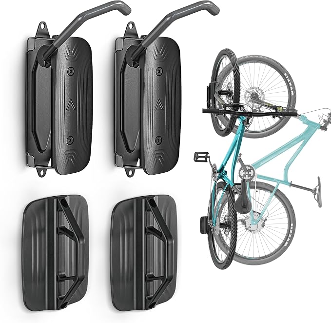 monTEK Swivel Bike Wall Mount, Vertical Bike Rack for Garage, 2 Pack, Gray | Space-saving wall bike rack with 150° swivel holds 66 lb each; fits tires up to 3.54 in wide; helps protect rims and walls