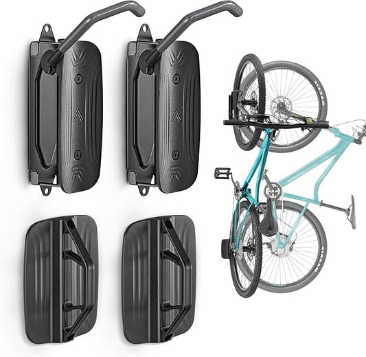 monTEK Swivel Bike Wall Mount, Vertical Bike Rack for Garage, 2 Pack, Gray | Space-saving wall bike rack with 150° swivel holds 66 lb each; fits tires up to 3.54 in wide; helps protect rims and walls