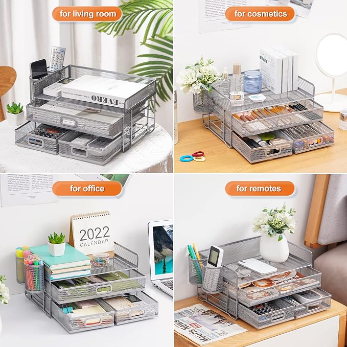 Marbrasse 3 Tier Desk Organizer with Drawer and 2 Pen Holder, Silver | Paper Tray Organizer, File Holder for Desk, Metal Mesh Office Organization for Home Office Supplies
