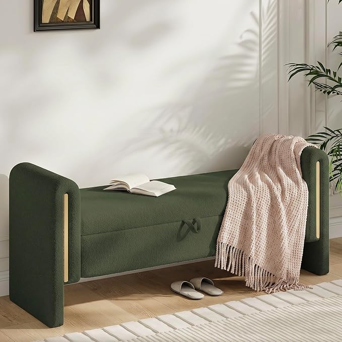 Storage Ottoman Bench, End of Bed Bench with Pull-Ring | 52" Teddy Upholstered, Window Bench with Armrest, Generous Storage, Safety Hinge, Holds 300 LBS, for Bedroom, Olive Green