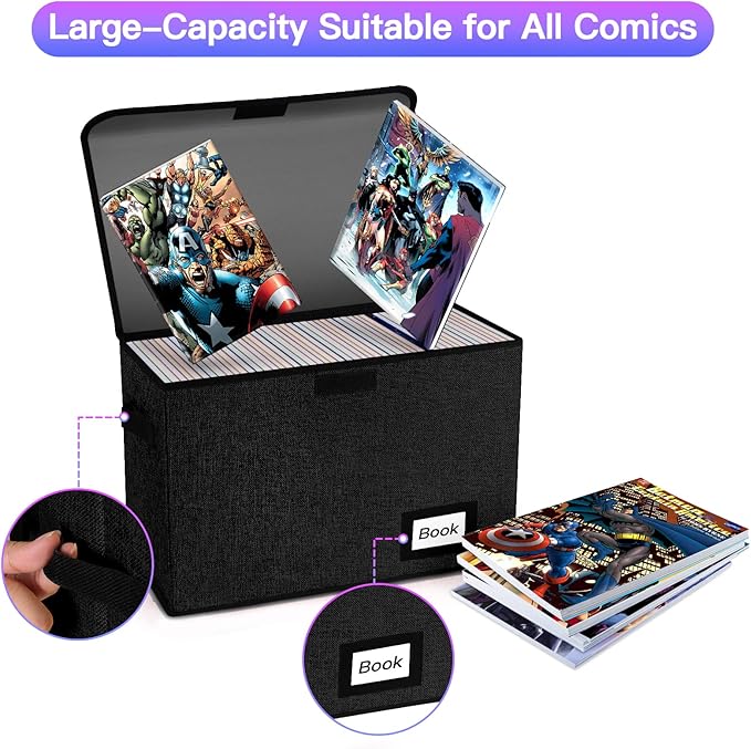 2 Pack Comic Book Storage Box, Comic Protector Organizer, 15.8" X 7.8" X 11.8", Collapsible Comic Short Box, Holds 160-180 Comic Book Heavy Duty Container Holder Shelf Bin (Black)