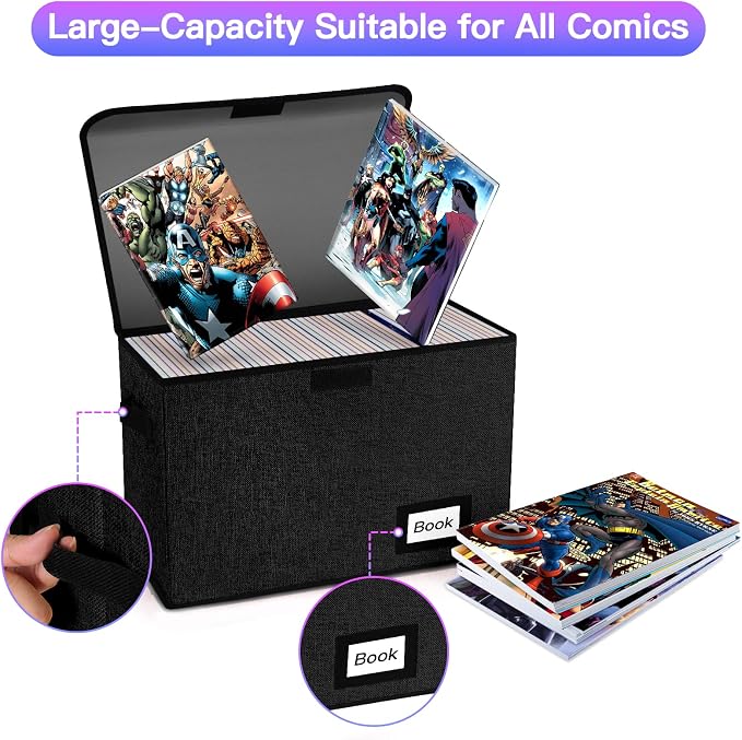 Comic Book Storage Box 15.8" X 7.8" X 11.8", Collapsible Holds 160-180 Comic Book Organizer Heavy Duty Bin Container Holder Shelf (Black)