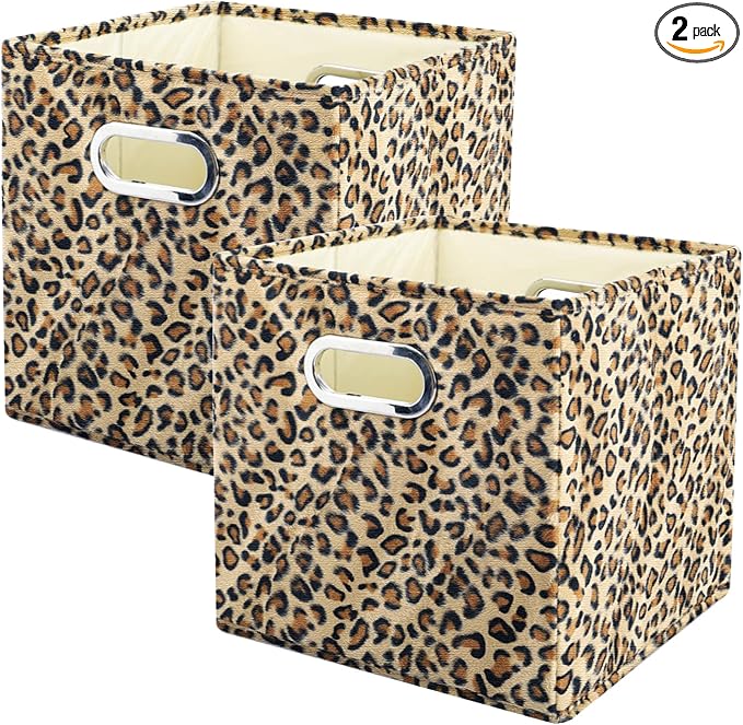 ANMINY Leopard Cheetah Print Storage Cubes Bins, Velvet, Brown, 11Inch 2PCS | Collapsible & Washable, PP Board Frame, Built-in Metal Handles, Animal Themed Fabric Cubes Baskets for Closet Shelves Decor