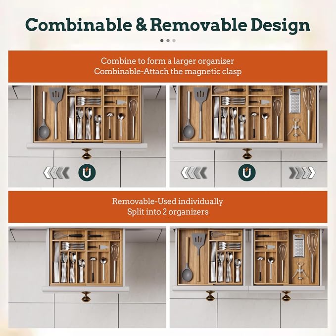Silverware Organizer Large, Magnetic Connected Expandable 13 Slots Silverware Drawer Organizer From 21 to 37.4 Inches, Adjustable Flatware and Cutlery Holder, Bamboo Utensil Tray for Kitchen Acacia