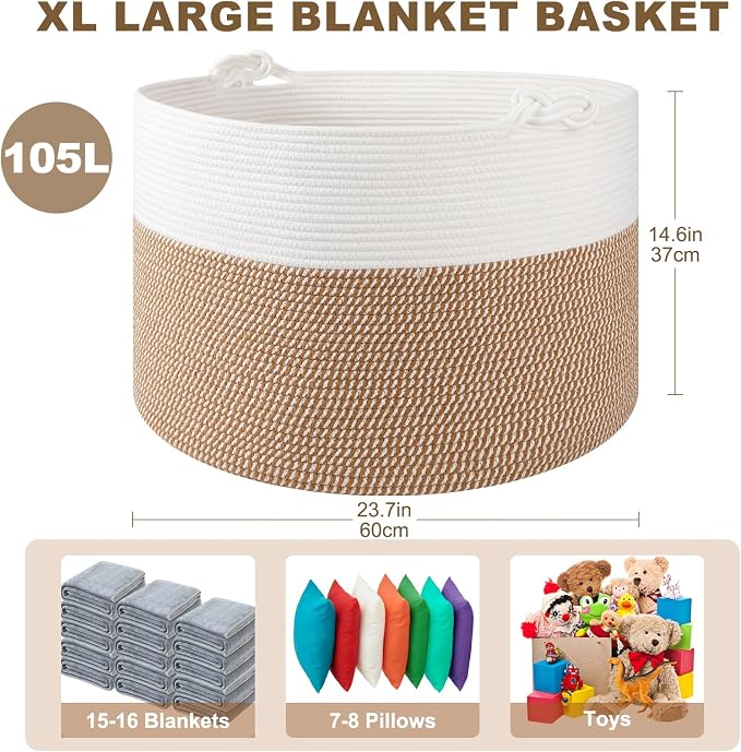 OIASKET XXL Large Blanket Storage Basket for Living Room, 105L Woven Cotton Rope Basket with Handles, Baby Toy Storage, Laundry Hamper for Clothes, Pillows, Towels-Yellow and White