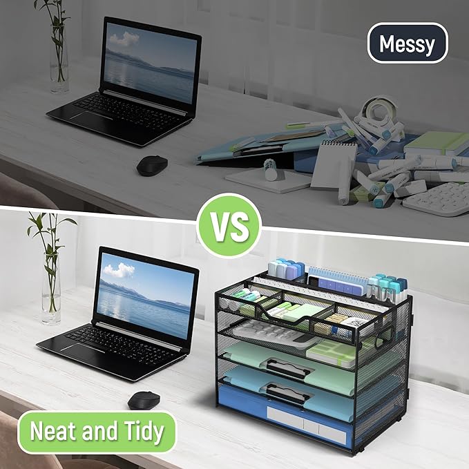 Docnest 5 Tier Mesh Desk Organizer with Removable Tray&Pen Holder, Black | Features 3 detachable pen holders and 4 removable dividers.Versatile mesh desktop storage for mail, document,office supplie