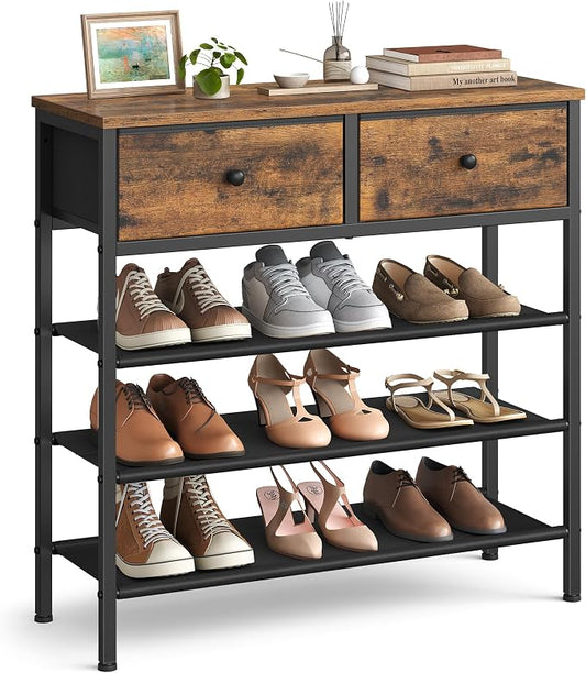 VASAGLE Shoe Rack, 4 Tier Shoe Storage Rack with 2 Fabric Drawers, Shoe Organizer for Entryway, with 3 Fabric Shelves and Wooden Top, Steel Frame, Modern Basic, Rustic Brown ULBS235KD01