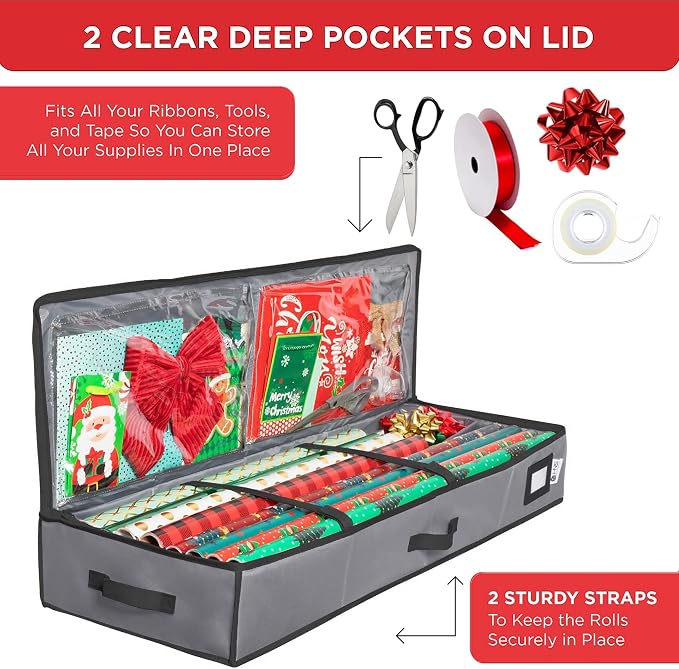 HOLDN’ STORAGE Premium Wrapping Paper Storage Container, Grey | Durable 600D Tear-Proof, Fits 27 Rolls Gift Wrap, Extra Pockets for Ribbons & Bows, Underbed Storage