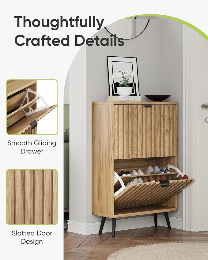Shoe Storage Cabinet, Fluted Shoe Cabinet Storage for Entryway, Hidden Shoe Cabinet with Metal Legs,Shoe Organizer Cabinet with Flip Doors, Slim Entryway Shoe Storage Cabinet,Natural Wood-23.5in