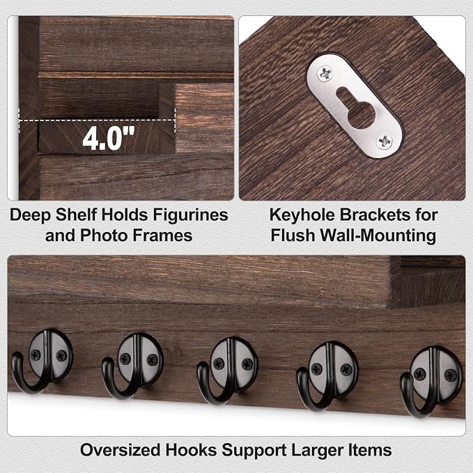 Lwenki Key Holder Wall Mount, Entryway Key and Mail Holder with 7 Sturdy Hooks for Sunglasses, Dog Leash, Decorative Wall Shelf with Mounting Hardware, 15”W x 6.7”H x 4.2”D (Brown)