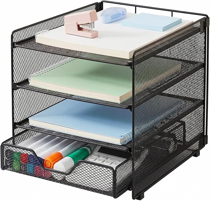 OPNICE Desk Organizer, 4-Tier Desktop File Organizer with Drawer, Office Desk Accessories, File Sorters, Workspace Organizers for Office Supplies(Black Upgraded)