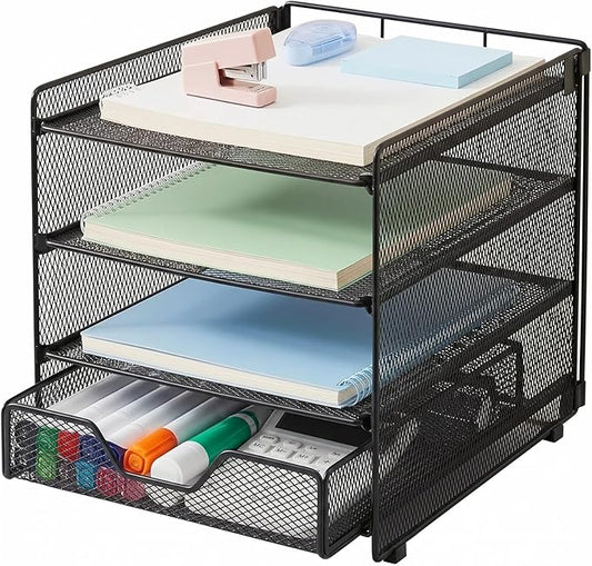 OPNICE Desk Organizer, 4-Tier Desktop File Organizer with Drawer, Office Desk Accessories, File Sorters, Workspace Organizers for Office Supplies(Black Upgraded)