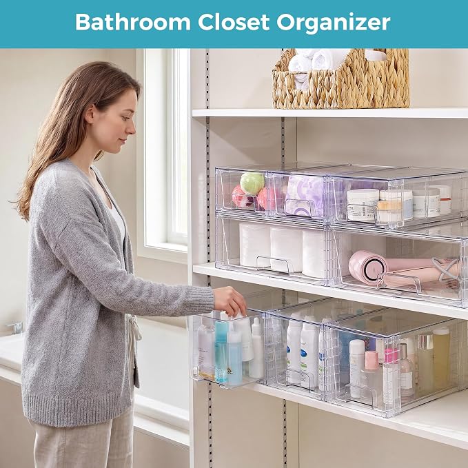 Vtopmart 6 Pack Clear Stackable Storage Drawers,Easy to Assemble Pantry Organizers and Storage with handles,Plastic Drawers for Kitchen Pantry,Cabinet,Under Sink Organization