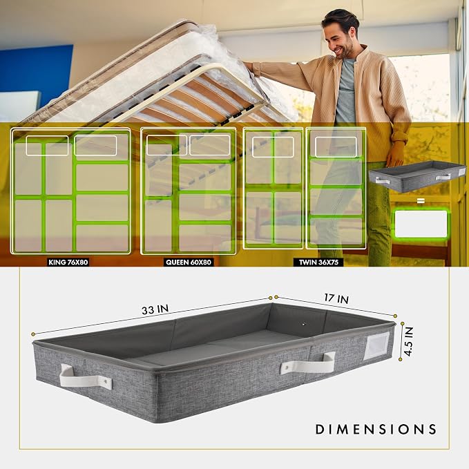 2pc Low Profile Under Bed Storage Containers, Thin Under Couch Storage Organizer with Bins & Lids, Underbed Storage Box Ideal for Seasonal Clothes, Blankets, Fabric & Shoes (LightGray)