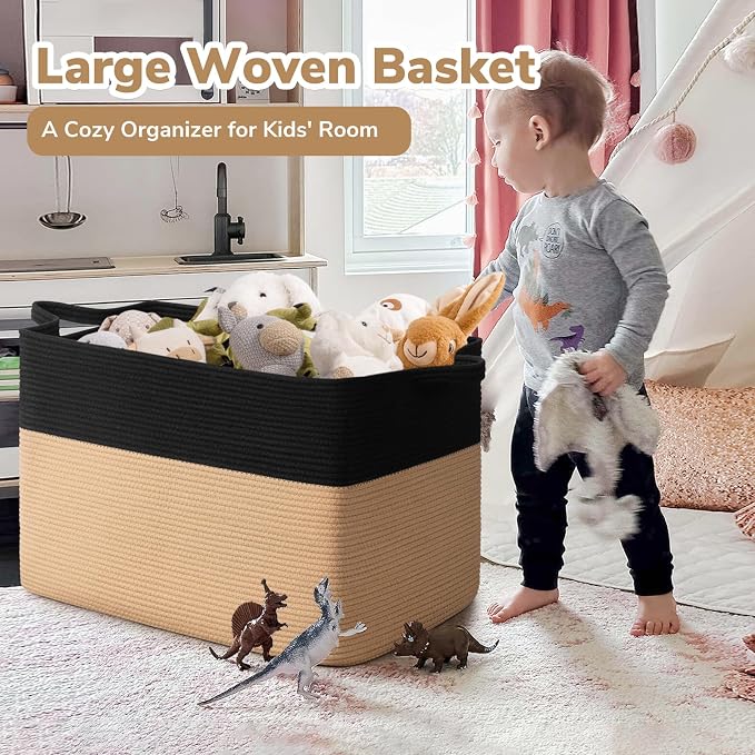 Goodpick 105L Extra Large Woven Blanket Basket Cotton Rope Storage Baskets for Organizing, Kids Toy Storage Organizer for Living Room Nursery, 25"x16"x16", Black & Jute