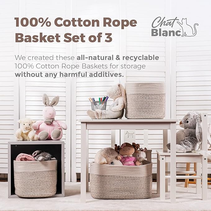 CHAT BLANC Cotton Rope Baskets for Organizing | Storage Baskets for Shelves | Rope Basket for Storage, Small Laundry Baskets, Woven Baskets for Storage, Dog Toy Bin, Baby Basket,Off White&Brown 3 Pack