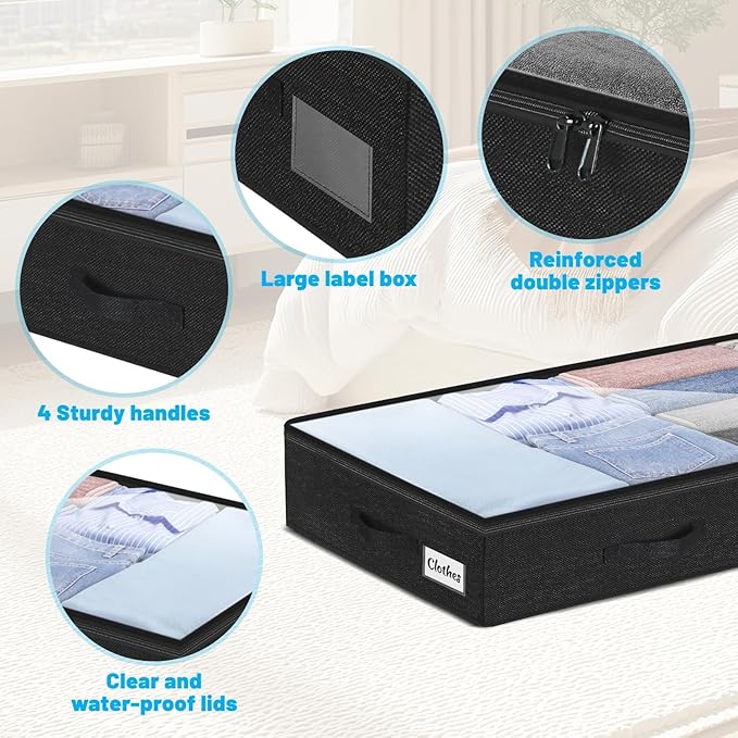 4 Inch Low Profile Under Bed Storage Drawer 4 Pack, Lightweight Underbed Clothes Storage Container Bins With NO STURCTURE, Shallow Storage Bag for Dorm & Home, With Clear Lids & Water-Resistant Fabric