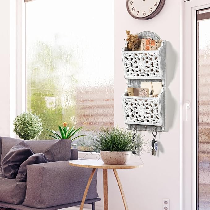 Key and Mail Holder for Wall Mail Holder for Wall | 2-Slot Mails Organizer with 3 Hooks, Key Hangers Rustic Wooden Walls Organizers for Letter Magazines