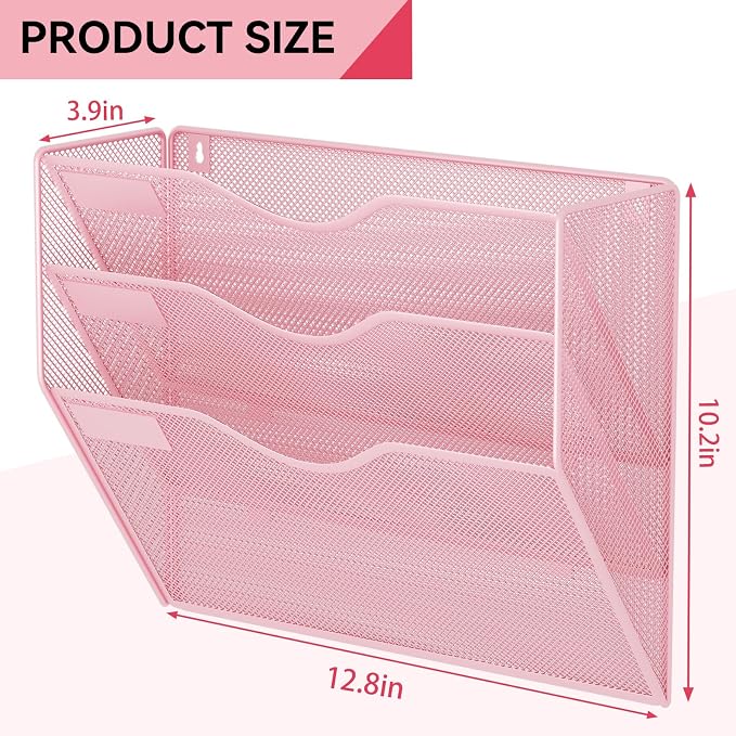 3 Pockets Hanging Wall File Organizer Mail Holder, Wall Mounted Paper Document Folder Holder, Clipboard Storage Organization Magazine Rack, Pink