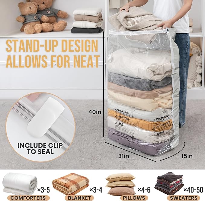 TAILI 6 Pack Vacuum Storage Bags, Jumbo Cube (31x40x15 Inch), Cream | Extra Large Vacuum Seal Bags for Clothing, Comforters, Blankets, Pillow, Bedding, No Pump Compression Cube
