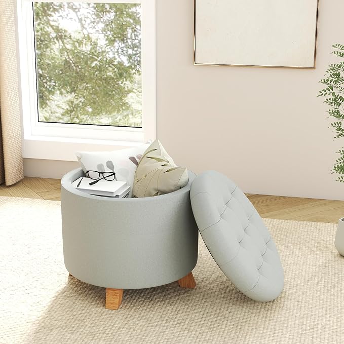 KROFEM 18" Round Storage Ottoman with Reversible Tray Top,Tufted Footrest Stool for Living Room,Bedroom or Office,Gray