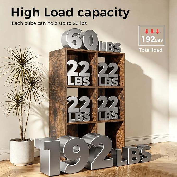 LUCKLIFE 6-Cube Storage Organizer, Stackable Modular Bookcase Shelf with Vertical or Horizontal Use, Fits 11×11" Bins, Optional Back Panels, for Living Room, Office, Rustic Brown