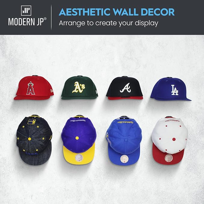 Adhesive Hat Hooks for Wall (16-Pack) - Hat Rack for Baseball Caps, Minimalist Hat Display, Strong Hold Hat Hangers for Wall - USA Patented, Black