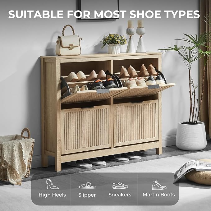 4-Flip Drawer Shoe Cabinet Narrow Entryway Rack, Oak | Vertical Wood Grain, Metal Handles, Adjustable Compartments, Removable Shelf, Anti-Tip Device, for Hallway Foyer Entryway