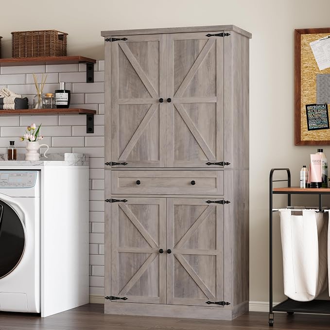 BORNOON Pantry Organizers and Storage Cabinet, 67.7” Barn Door White Kitchen Cabinet with Drawers and Adjustable Shelf, Tall Pantry for Kitchen, Dining Room, Living Room Bedroom