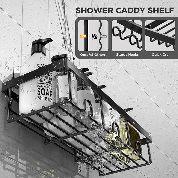 Adhesive Shower Caddy 4-Pack, Rustproof Stainless Steel Shower Organizer, Shower Shelves for Inside Shower Storage, Heavy-Duty No-Drill Rack with Built-in Hooks for Bathroom & RV
