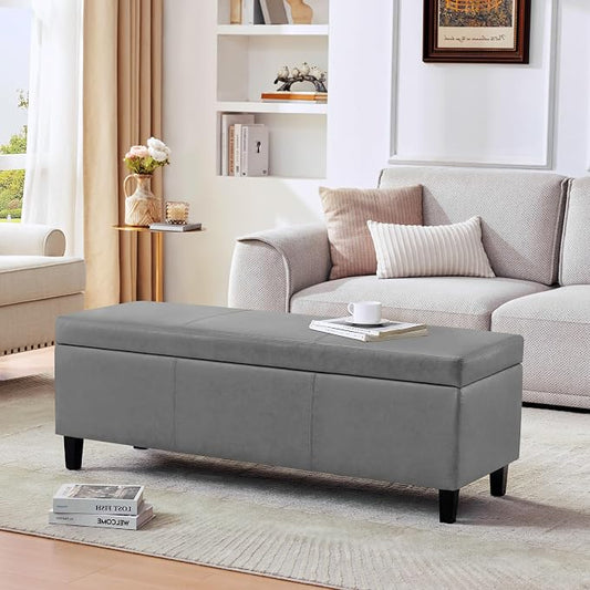 Storage Ottoman Bench 50.3" Faux Leather Upholstered End of Bed Bench, Grey | Hidden Storage Accent Ottoman for Living Room, Bedroom, Entryway, Wooden Legs, Safety Hinges, Load up to 300lb
