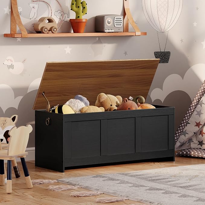 HOOBRO Storage Bench, 47.2" Retro Wooden Storage Chest, Wooden Storage Trunk, Toy Chest with Lift Top, Multifunctional Entryway Organizer, for Entryway, Living Room, Black and Walnut BH412CW01