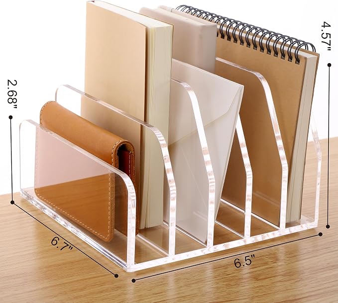 SANRUI Acrylic Bill Letter Organizer Holder for Desk, Clear 5 Compartments | Laddered Mail Sorters, Multifunction Desktop Envelope Folder Racks Document Holders for Office, Home, School