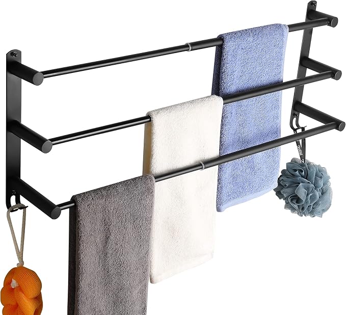 CAXIMSY Black Adjustable Towel Bar for Bathroom Wall Mount17-30.7inch Adhesive Shower Towel Rack Stainless Steel Bath Towel Holders for Toilet Kitchen Double Towel Hanger (Black 3 Bar)