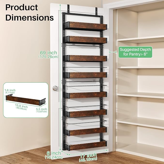 SNTD 8 Tiers Over the Door Organizer - Height Adjustable Pantry Organizers and Storage with Dense Mesh Baskets, Hanging Door Spice Rack for Kitchen Bathroom (Rustic Brown, 17" W x 6" D x 69" H)