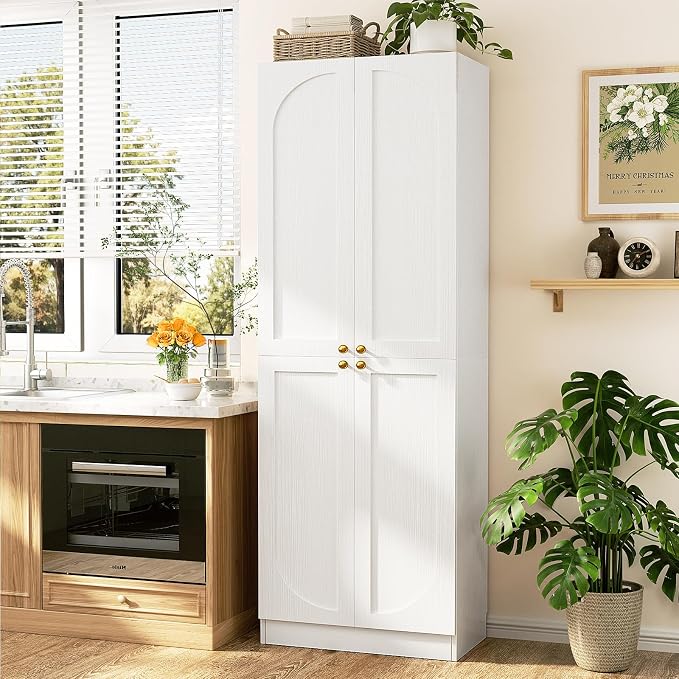 Cyclysio Storage Cabinet Set of 2, 80" Tall Arched Bookcase with 4 Soft Close Doors, 12-Tier Wooden 2 Set Pantry with Adjustable Shelves, Seamless Fit Wall for Home Office, Living Room, Kitchen
