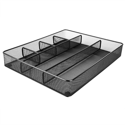 Amazon Basics Metal Mesh Desk Organizer with 6 Compartments, Anti-Slip Pen Holder Storage Tray for Office Supplies and Home, Black