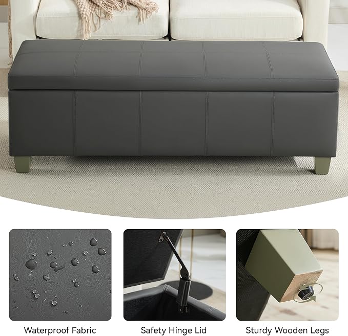 WUTUTUEE 51" Faux Leather Storage Ottoman, Stitch Tufted Rectangle Upholstered End of Bed Storage Bench, Entryway Large Couch Ottoman with Wooden Legs,Dark Grey