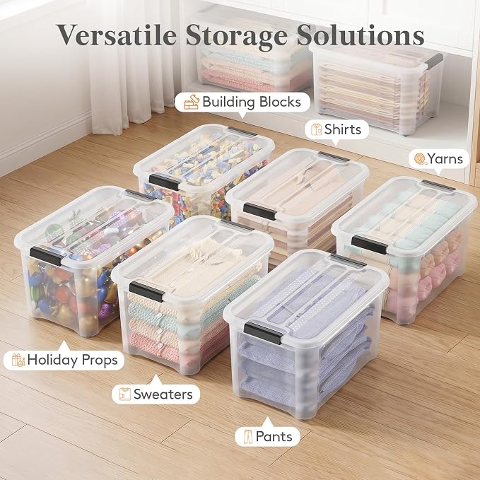 Lifewit 34Qt Storage Bins with Lids, Plastic Large Latches Boxes with Wheels, Clear Totes Tubs Container for Closet Organizers and Storage, Bedroom, Clothes, Craft, 6 Pcs